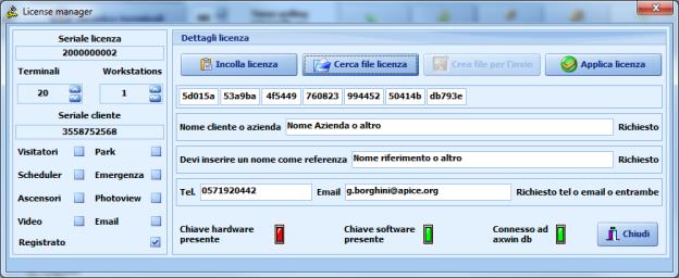8. Per caricare il file di licenza registrata, cliccare su Gestione licenza in finestra eventi di AXCOM.