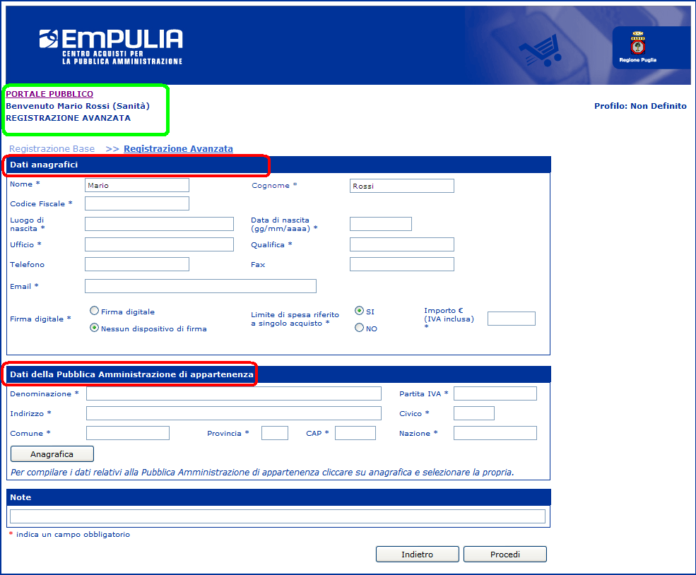 Inserire i campi Nome, Cognome, Codice Fiscale, Luogo e Data di Nascita (nel formato gg/mm/aaaa). Ricorda che il sistema svolge un controllo automatico sul C.F. pertanto eventuali errori di digitazione impediscono all utente di proseguire.