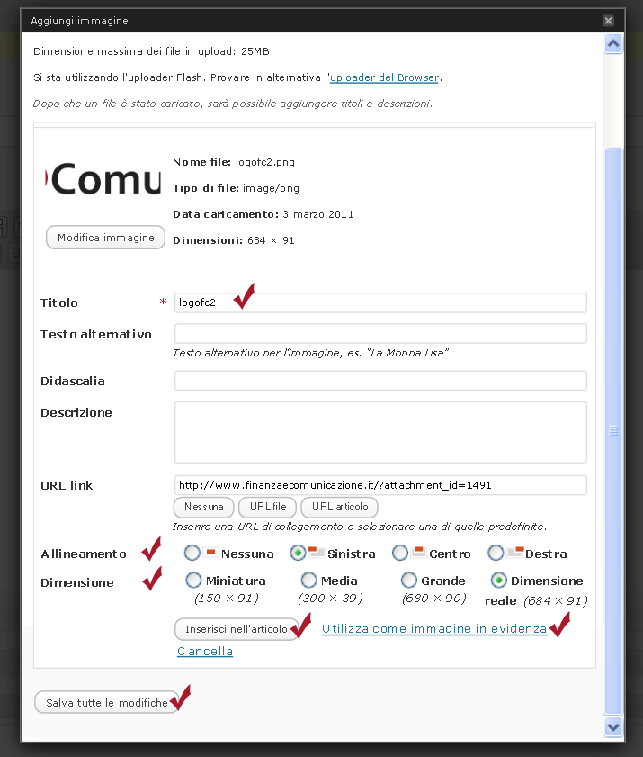 ACCESSO AL SITO www.finanzaecomunicazione.it 2011 Fig. 5 Finestra AGGIUNGI IMMAGINE passo 2. Titolo: Cercare di essere sintetici. Articolo: Lunghezza dei testi tra 1500 e 5000 battute.