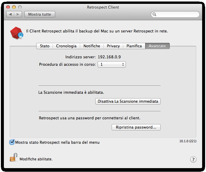 Retrospect Client per Mac: Aprire Preferenze di Sistema. Tenere premuto il tasto ( ) e cliccare su Retrospect Client.