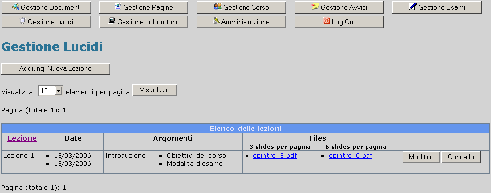 1. Gestione dei lucidi delle lezioni Lucidi raggruppati per lezione: Ogni lezione può essere associata a più date di svolgimento Ogni