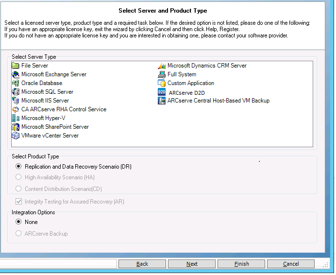 Attività preliminari all'installazione Viene visualizzata la schermata Selezione del server e del tipo di prodotto. 3. Selezionare le opzioni seguenti e fare clic su Avanti. a. Tipo di server: CA ARCserve Central Host-Based VM Backup Nota: i processi seguenti sono validi anche per CA ARCserve D2D.