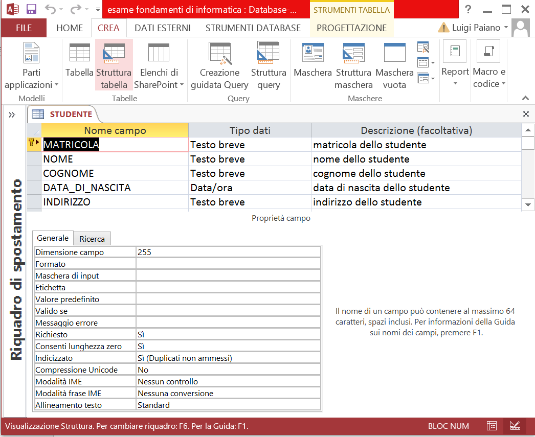 PROGETTAZIONE DEL DATABASE IN ACCESS Procediamo con la progettazione del database all interno di Access. Dopo aver aperto Microsoft Access 2013, creare un nuovo progetto di database. N.