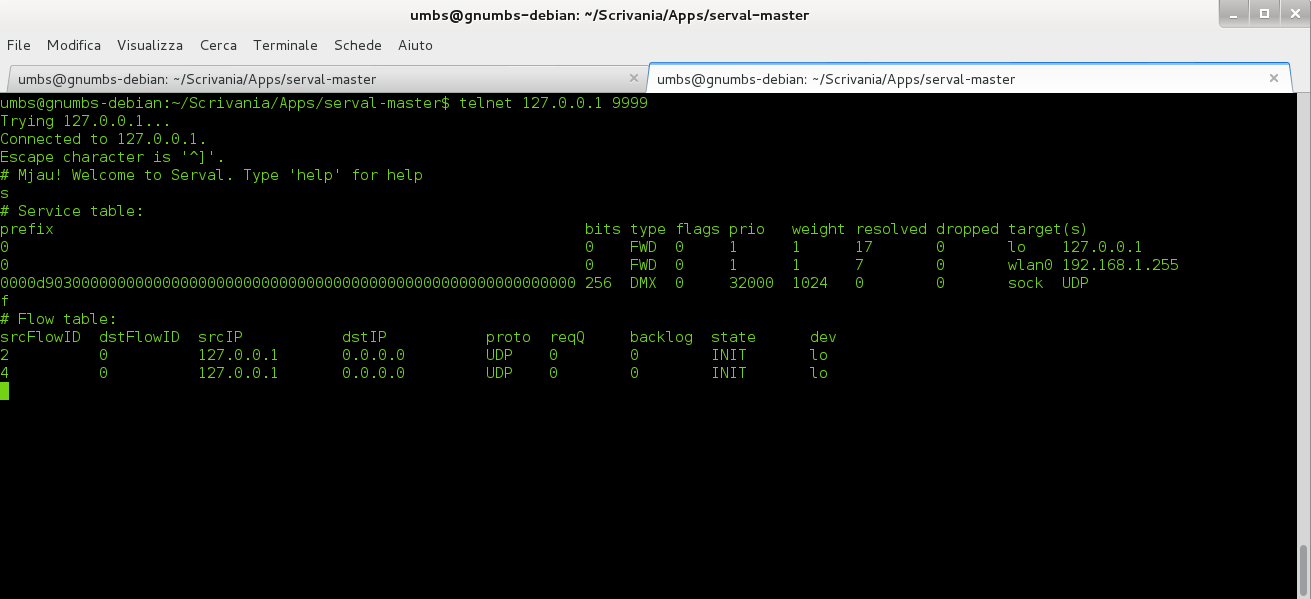 Una volta avviato il demone, è possibile visualizzare service e ow table, lanciando: $ telnet 127.0.0.1 9999 Figura 19: Service e ow table, visualizzate tramite telnet.