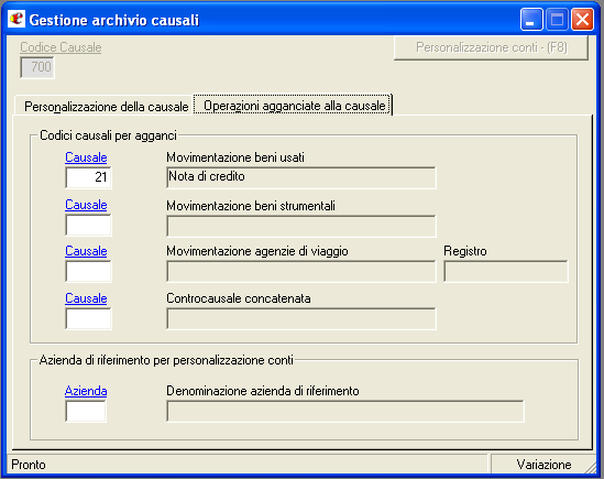 Da prima nota poi registreremo un altro acquisto, utilizzando la causale contabile 700 dell'importo della nota di credito, inserendo nella movimentazione B.usati un nuovo bene.