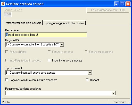 Passeremo poi a creare una causale contabile, concatenata alla