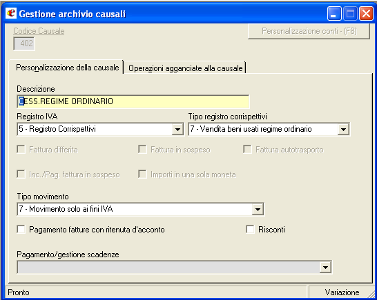 Cessione regime ordinario Documentazione tecnica Beni Usati Caratteristiche dei campi : Codice 402 CESS.