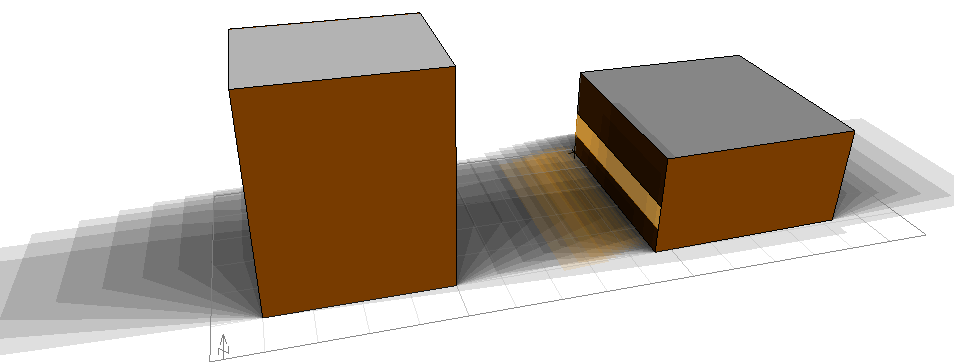 5. La modellazione energetica Immagine 5.3.1.3.2.3 Ecotect Analysis, esempio di Shadow range diagram con visualizzazione delle riflessioni, in arancione, dovute ai raggi solari riflessi dalla vetrata.