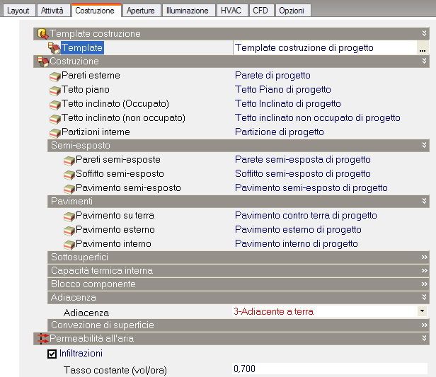 5. La modellazione energetica Il pannello Costruzione contiene le caratteristiche costruttive dei vari elementi edilizi: pareti esterne e divisorie, pavimenti, soffitti, coperture.