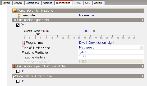 5. La modellazione energetica Nel pannello Illuminazione si imposta la quantità di luce necessaria nell ambiente, la potenza della stessa e le ore di funzionamento. Immagine 5.4.1.2.