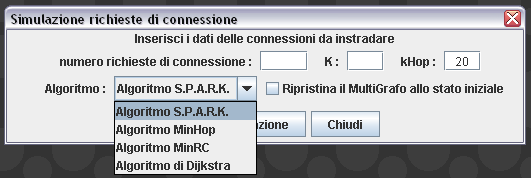 Capitolo 3: Un nuovo Algoritmo di Routing e Wavelength Assignment: S.P.A.R.K. Figura 3.34: Maschere di inserimento dei dati delle simulazioni e dei run di simulazione.