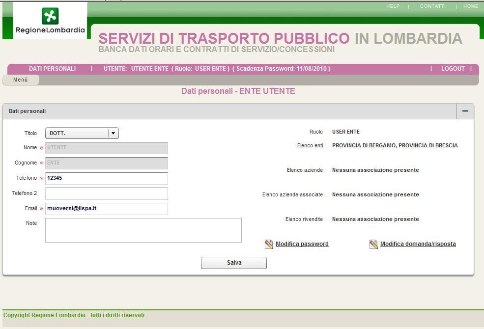 4. HOME PAGE Servizi di Trasporto pubblico in Lombardia Una volta avuto accesso al sito apparirà la seguente home page: Cliccando su DATI PERSONALI è possibile, attraverso la schermata