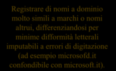 Fattispecie lesive dei Domain Names Cybersquatting e Typosquatting La maggior parte delle controversie, che ruotano attorno all uso di nomi a dominio, è generata dalla diffusione di fenomeni come