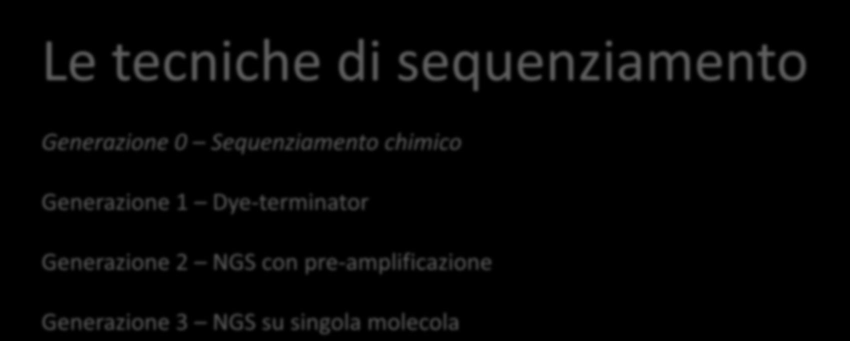 Sequenziamento del genoma Genoma: intera sequenza nucleotidica di un organismo Sequenziamento: determinazione di una sequenza nucleotidica Le tecniche di sequenziamento