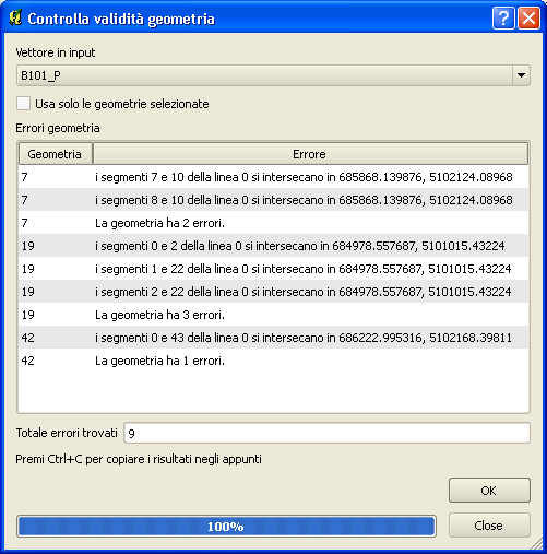 Se si apre la tabella degli attributi del layer che si sta controllando (B101_P), si nota che il numero della geometria nella finestra Controlla validità geometrica