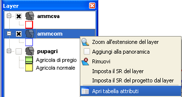 5. Utilizzo del geoprocesso Ritaglia e Intersezione. Rendere attivo il layer Comuni amministrativi con un click sul nome ammcom nella Legenda.