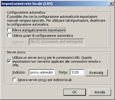Cliccare sul tasto Impostazioni LAN, appare : Impostare Utilizza script di configurazione automatica e digitare l indirizzo: http://www.uninsubria.it/proxy.