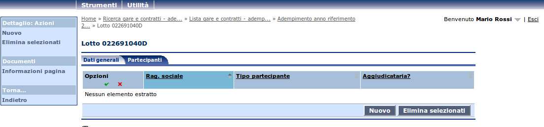 presenterà il software (vedi immagine seguente). Inserito il lotto, passare alla scheda Partecipanti per inserire gli operatori (pulsante Nuovo).