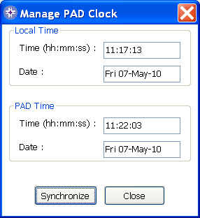 Finestra Check/Set PAD Time Saver EVO Fare clic sul pulsante Synchronise per sincronizzare l'ora