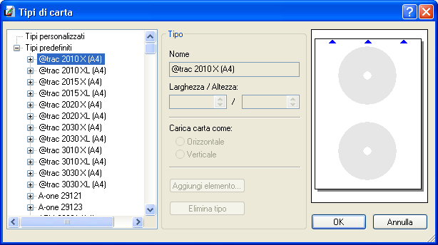 Viene visualizzato un elenco dei tipi di carta disponibili. Al centro della finestra è visualizzato il numero dei tipi di carta, suddivisi in predefiniti e personalizzati.