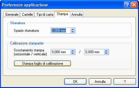 2. Scegliere il comando "Preferenze" dal menu "File" e selezionare la scheda "Stampa". 3. Fare clic sul pulsante "Stampa foglio di calibrazione". 4. Estrarre il foglio di carta dalla stampante.