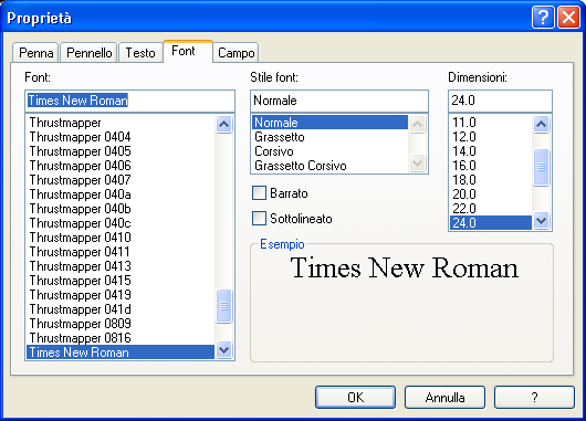 11.3.5 Scheda "Font" È visualizzata la scheda "Font" che consente di eseguire le seguenti operazioni: Scelta del font nel campo "Font" facendo clic sul font desiderato.