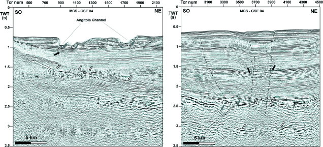 Figura 2 - Profilo sismico GSE10-4. A sinistra è riportata la sezione trasversale del Canale Angitola ed a destra è mostrata la faglia trascorrente.