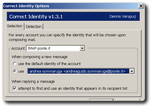 Thunderbird versione 1.2 Correct Identity di Dennis Verspuij https://addons.mozilla.