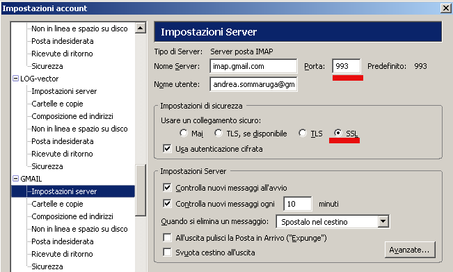 Gestione Account di POSTA versione 1.2 Gmail richiede l'utilizzo di SSL sui server di arrivo e di invio e le porte 993 per il server in arrivo e 587 per il server della posta in uscita.