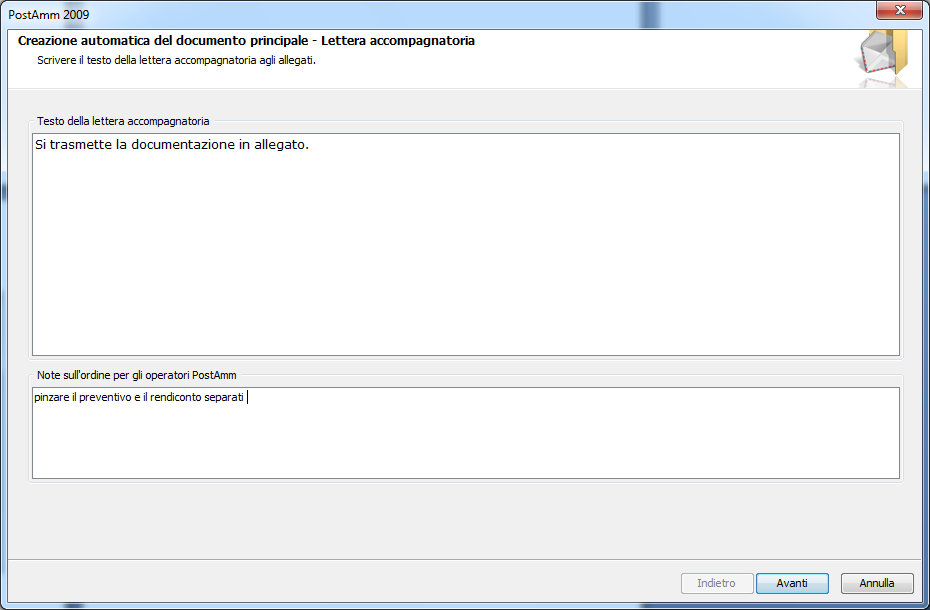 Compare la seguente schermata: Personalizzare, se necessario, il testo della lettera accompagnatoria.