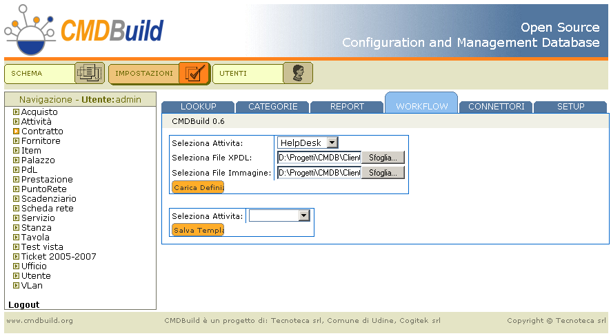 A seguito delle attività esterne di disegno e descrizione di un nuovo processo da eseguire in CMDBuild, è possibile dal TAB Workflow importare: il file XPDL contenente la descrizione completa del