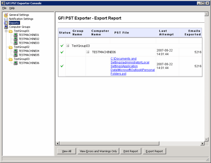 6.3.9 Report e registri Schermata 104: GFI PST Exporter: report di esportazione Con GFI PST Exporter è possibile visualizzare report dei messaggi di posta elettronica estratti.