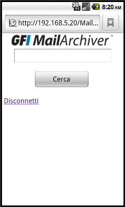 Schermata 5: Home page di GFI MailArchiver per smartphone NOTA L interfaccia utente mobile utilizza le medesime impostazioni di lingua configurate dall utente in GFI MailArchiver.