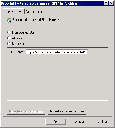 Schermata 35: Impostazione dell URL del server GFI MailArchiver in oggetto Criteri di gruppo di Windows Server 2003 12.