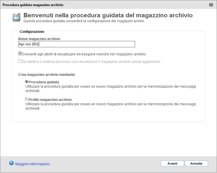 Schermata 54: Procedura guidata magazzino archivio 3. Digitare un nome per il magazzino archivio e scegliere se consentire agli utenti di utilizzarlo e il metodo usato per crearlo.