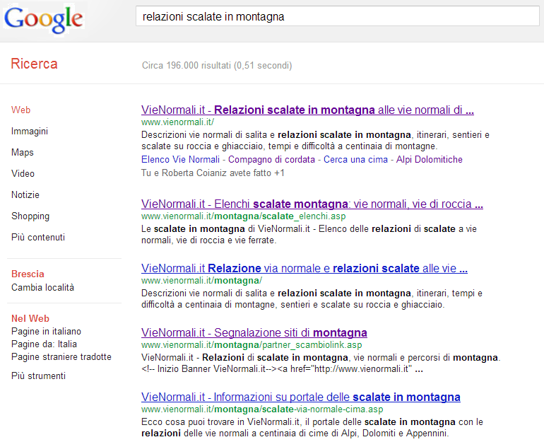 1, 2, 3 e 4 posizione in Google con parola chiave scalate in montagna