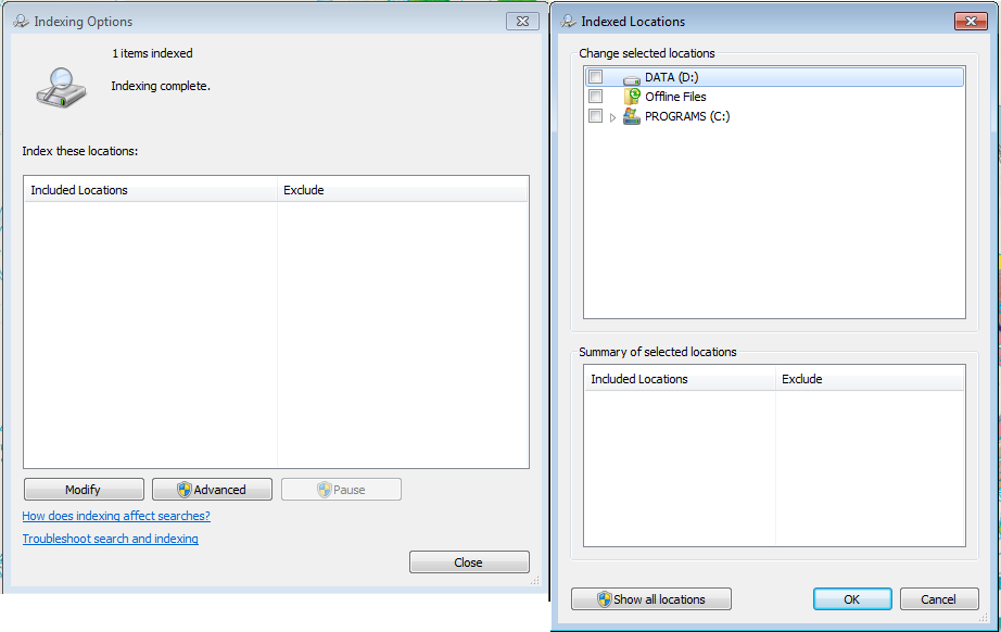 2 Configurazione del PC workstation Configurazione di Windows 8.1 [OBBLIGATORIE] 6 Disattivare l'indicizzazione (passare a Start > Control Panel > Indexing Options 1 ): Fare clic sul pulsante Modify.