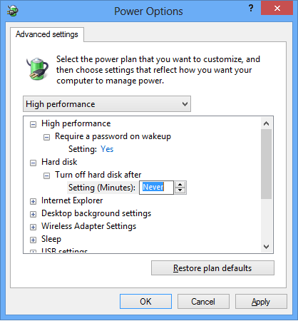 2 Configurazione del PC workstation Configurazione di Windows 8.1 e Impostare l'opzione Put the computer to sleep su Never. f g h Fare clic su Change advanced power settings.