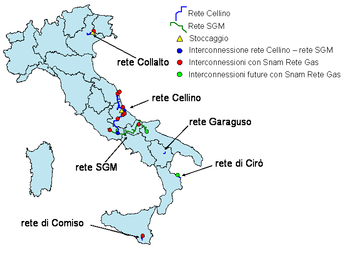 La rete di trasporto si suddivide in "primaria" (o dorsale), relativa al trasporto di gas direttamente dai luoghi di produzione od importazione, e "secondaria" comprendente l'insieme delle condotte