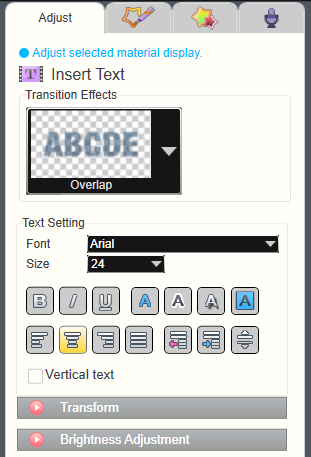 Cambiare stile di testo Selezionare la scheda <Adjust> per modificare lo stile di testo. 1 2 3 1 Font Modificare il tipo di carattere della porzione di testo selezionato.