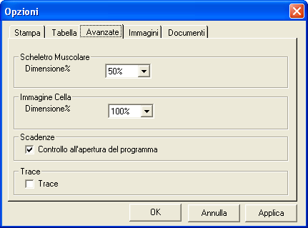 Opzioni: Avanzate La dimensione del modello muscolare può essere ridimensionata in modo da lasciare più spazio ad altre parti del programma.