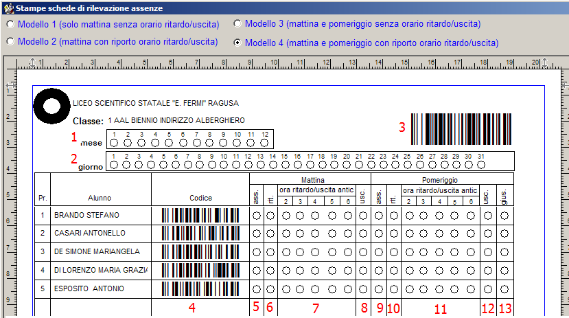 Dettaglio del modello: 1, 2 area per la gestione della data (giorno e mese) 3 l indicazione della classe (codice a barre) 4 indicazione dell alunno (codice a barre) 5 colonna per l inserimento dell