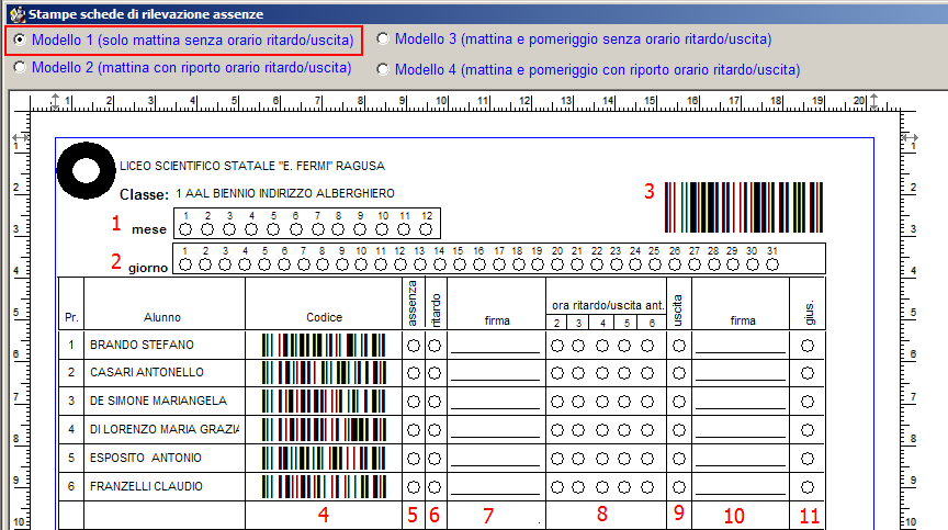 Dettaglio del modello: 1, 2 area per la gestione della data (giorno e mese) 3 l indicazione della classe (codice a barre) 4 indicazione dell alunno (codice a barre) 5 colonna per l inserimento dell
