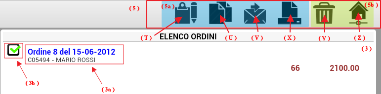 La selezione del singolo ordine si effettua pigiando sulla descrizione dell'ordine(3a); una volta selezionato, le icone,, e operano su quest'ultimo fino a che non viene selezionato un'altro ordine.