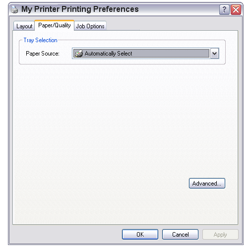 Scheda Paper/Quality (Carta/Qualità) È possibile impostare il dispositivo di alimentazione della carta oppure lasciare che venga selezionato automaticamente; inoltre utilizzando il pulsante Advanced