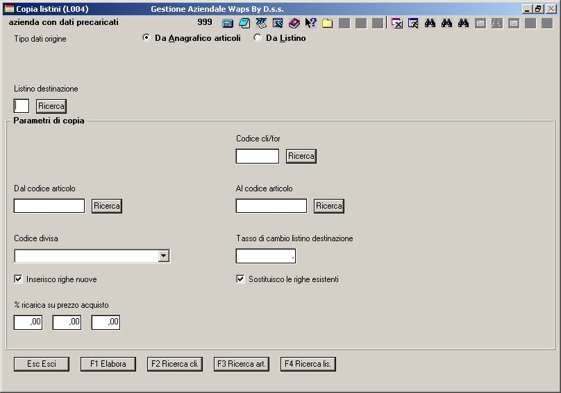 Mentre se si copia da altro listino, oltre al codice del listino origine e al codice listino destinazione - il codice del fornitore - da quale codice articolo a quale codice articolo creare il