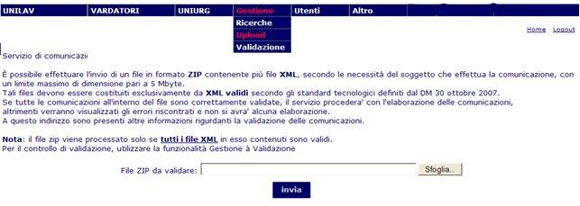 Gestione 8.2 Upload Attraverso la voce di menù Gestione -> Upload si ha la possibilità di caricare ed inviare comunicazioni massive, ovvero file in formato.