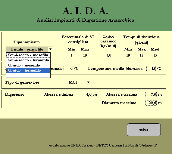 Mesofilia e Termofilia) per la sezione anaerobica, sia per la tecnologia impiantistica relativa alla sezione cogenerativa (MCI, TAG, MCFC) da cui derivano scenari energetici differenti.