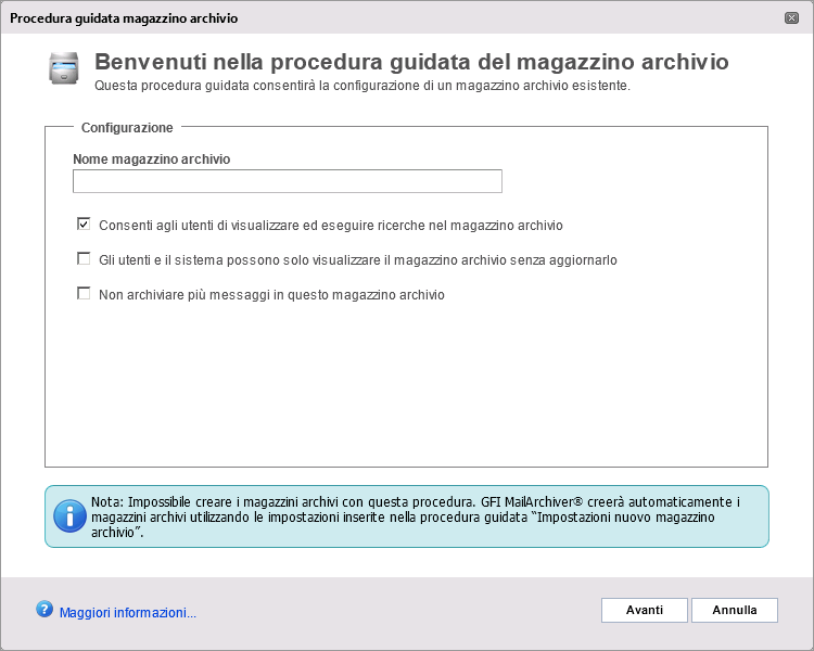 7.8.4 Collegamento di un magazzino archivio GFI MailArchiver I magazzini archivi possono essere scollegati e collegati di nuovo, ad esempio quando GFI MailArchiver viene spostato su un nuovo server.