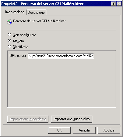 Schermata 91: Impostazione dell URL del server GFI MailArchiver in GPO di Windows Server 2008 14.